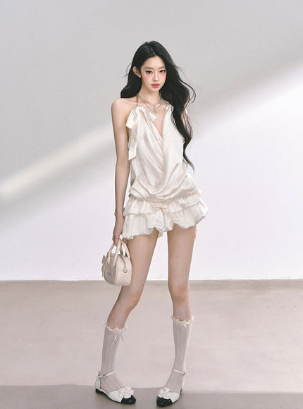 Ivory Satin Halter Ruffle Romper Dress