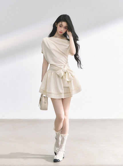 Graceful Ribbon Waist Dress - Apricot