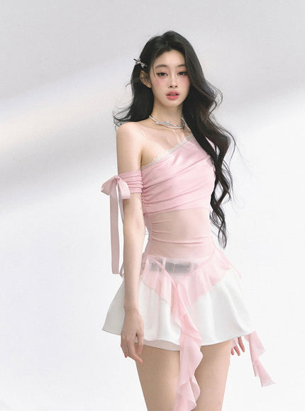Pink Sheer Layered Off-Shoulde Top