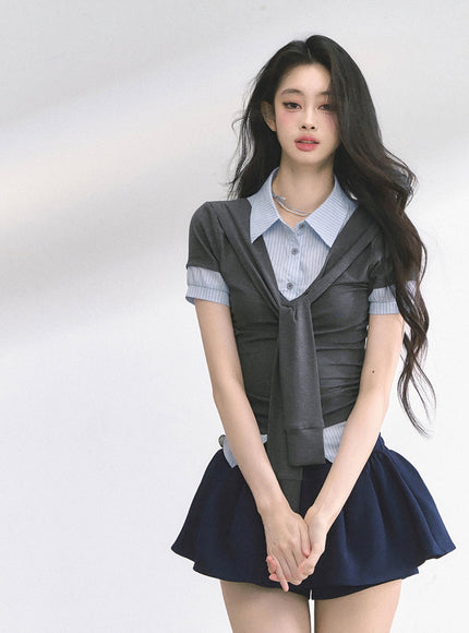 Layered Knit Tie Shirt - Gray