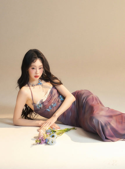 Sheer Butterfly Appliqué Halter Maxi Dress