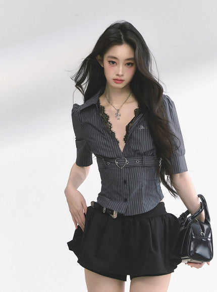 Heart Buckle Stripe Blouse -Black