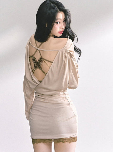 Beige Wrap Mini Dress Set with Khaki Lace Slip