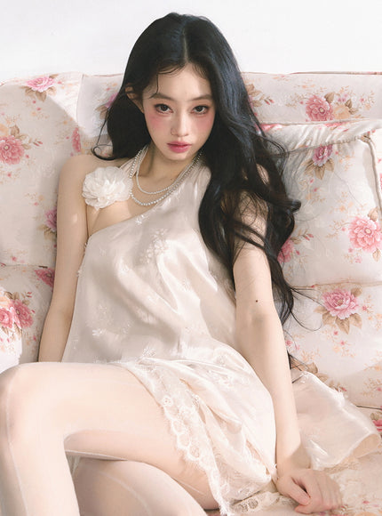 Ivory Lace Trim Halter Babydoll Dress