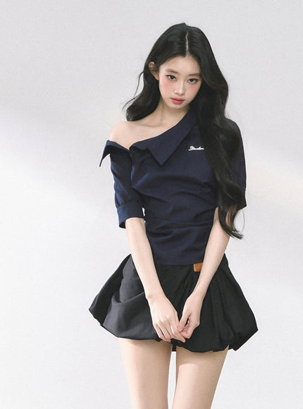 Off-Shoulder Shirt Blouse - Navy