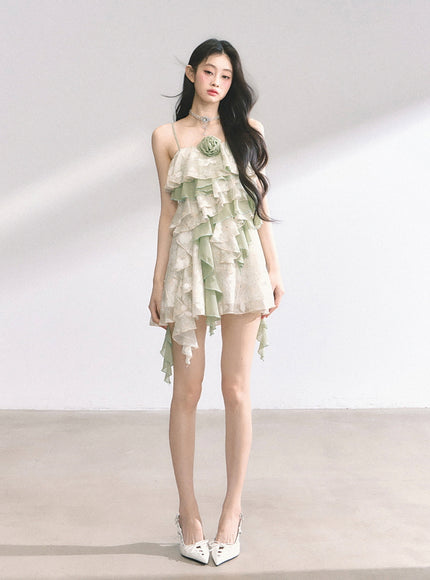 Green Ruffle Tiered Mini Dress