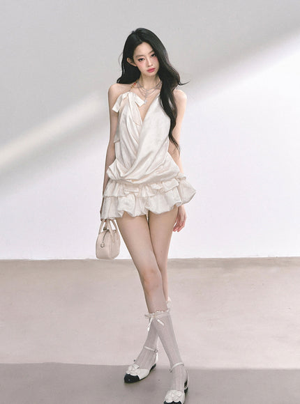 Ivory Satin Halter Ruffle Romper Dress