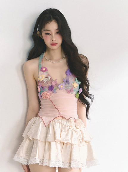 Sheer Floral Appliqué Halter Top