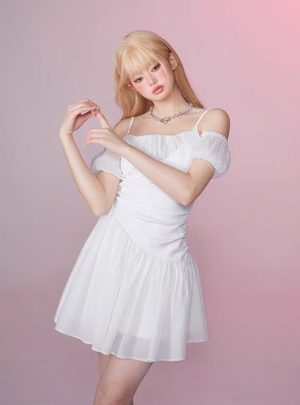 White Off-Shoulder Ruched Dress