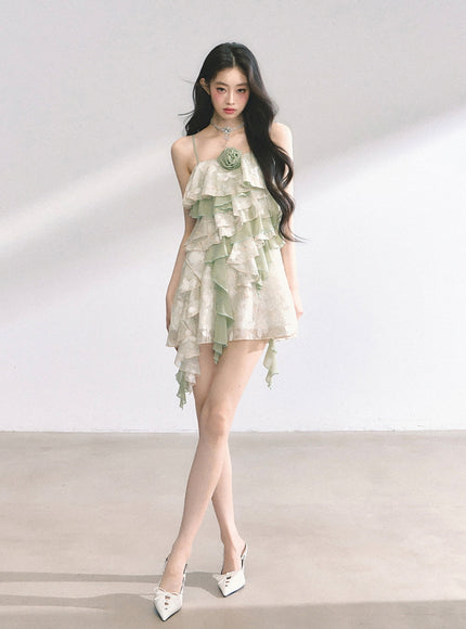 Green Ruffle Tiered Mini Dress