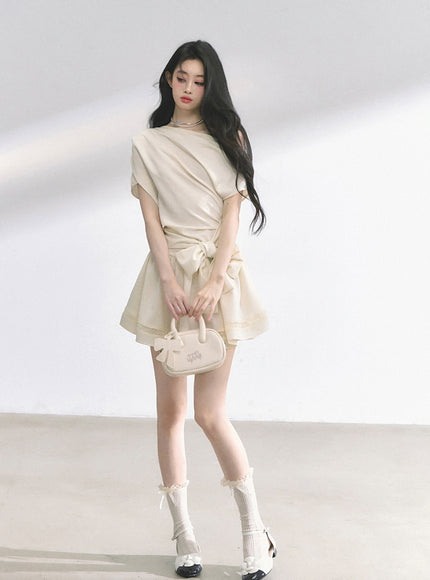 Graceful Ribbon Waist Dress - Apricot