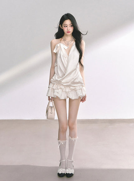 Ivory Satin Halter Ruffle Romper Dress