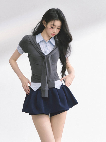 Layered Knit Tie Shirt - Gray