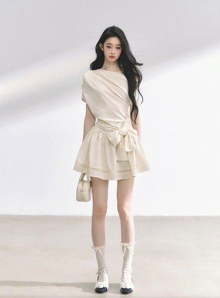 Graceful Ribbon Waist Dress - Apricot