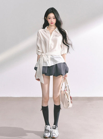Classic Tie-Detail Button-Up Shirt