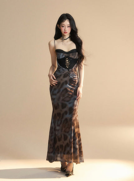 Leopard Print Lace-Up Bustier Maxi Dress