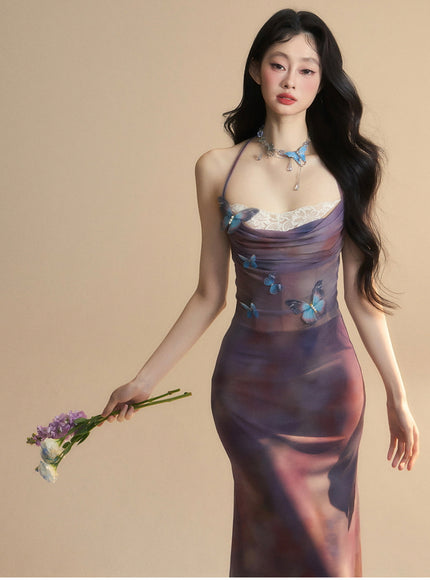 Sheer Butterfly Appliqué Halter Maxi Dress