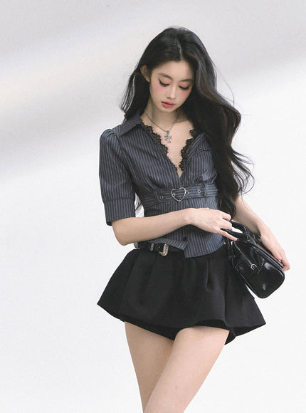 Heart Buckle Stripe Blouse -Black