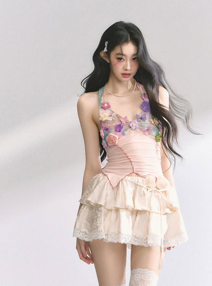Sheer Floral Appliqué Halter Top