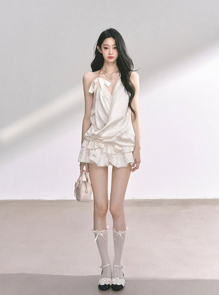 Ivory Satin Halter Ruffle Romper Dress