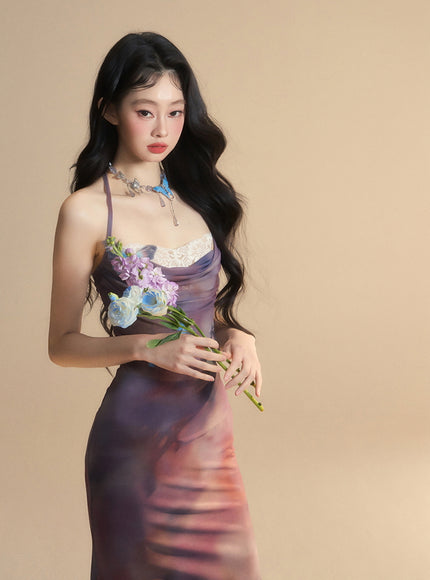 Sheer Butterfly Appliqué Halter Maxi Dress