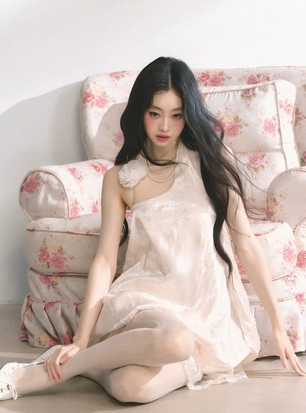 Ivory Lace Trim Halter Babydoll Dress