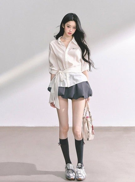 Classic Tie-Detail Button-Up Shirt