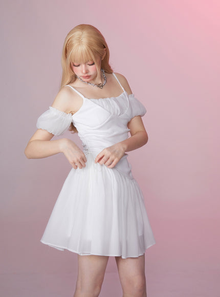 White Off-Shoulder Ruched Dress