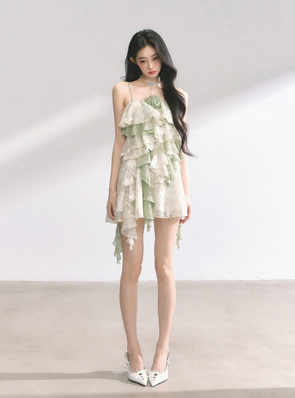 Green Ruffle Tiered Mini Dress