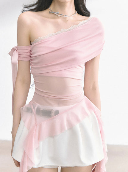 Pink Sheer Layered Off-Shoulde Top