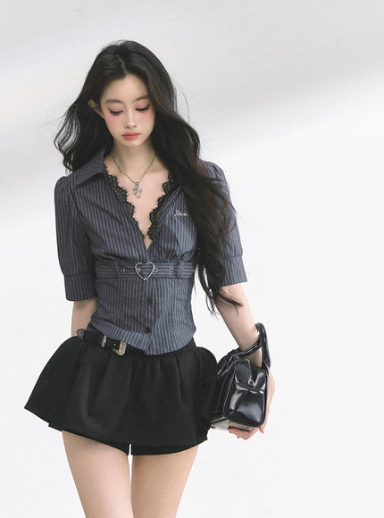 Heart Buckle Stripe Blouse -Black