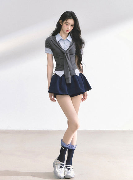 Layered Knit Tie Shirt - Gray