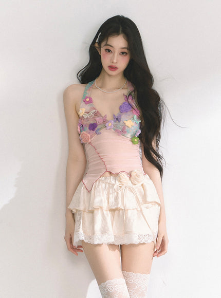 Sheer Floral Appliqué Halter Top