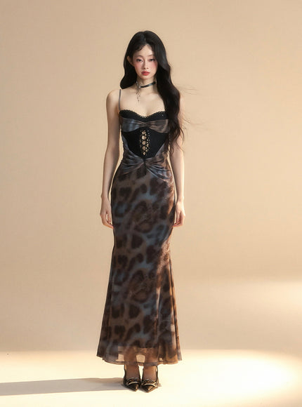 Leopard Print Lace-Up Bustier Maxi Dress