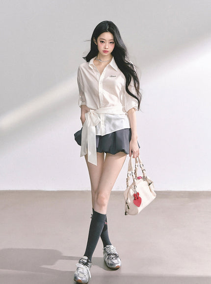 Classic Tie-Detail Button-Up Shirt