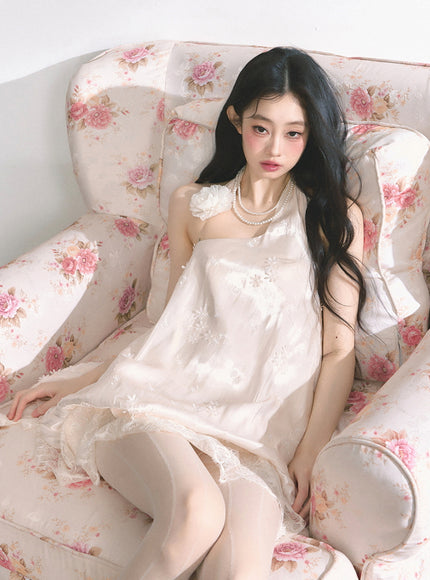 Ivory Lace Trim Halter Babydoll Dress