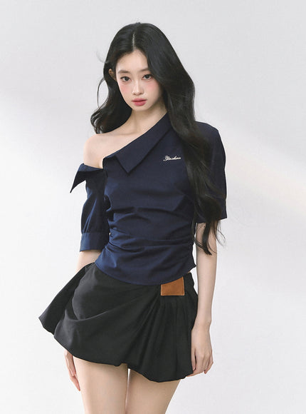 Off-Shoulder Shirt Blouse - Navy