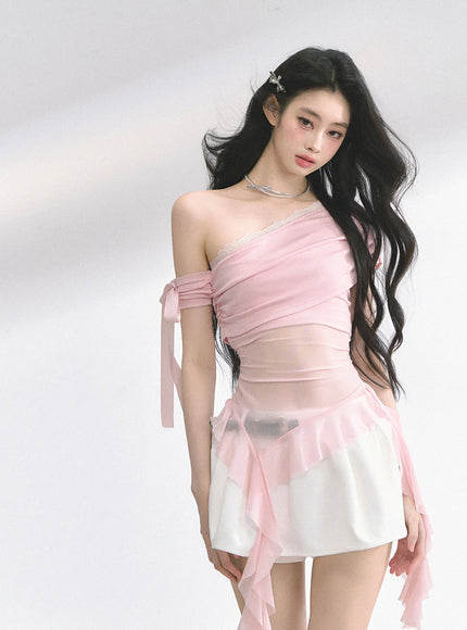 Pink Sheer Layered Off-Shoulde Top