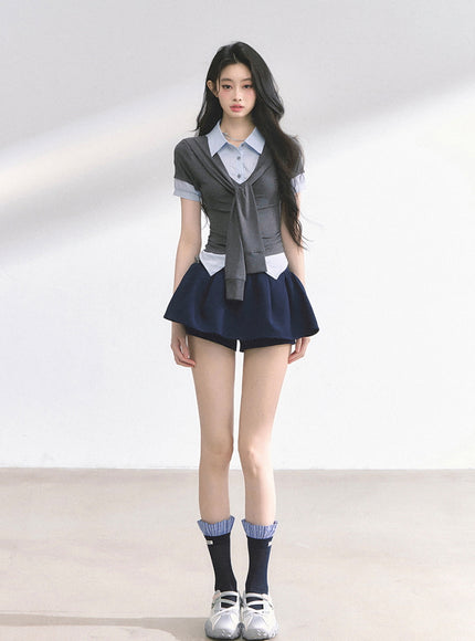 Layered Knit Tie Shirt - Gray