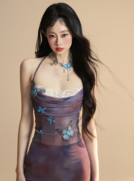 Sheer Butterfly Appliqué Halter Maxi Dress