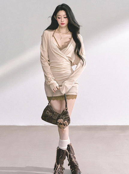Beige Wrap Mini Dress Set with Khaki Lace Slip