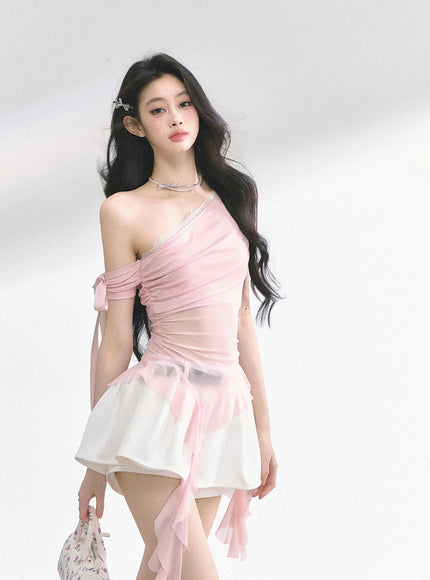 Pink Sheer Layered Off-Shoulde Top