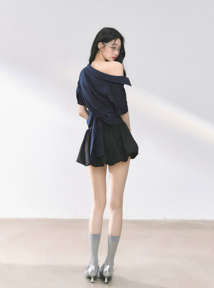 Off-Shoulder Shirt Blouse - Navy
