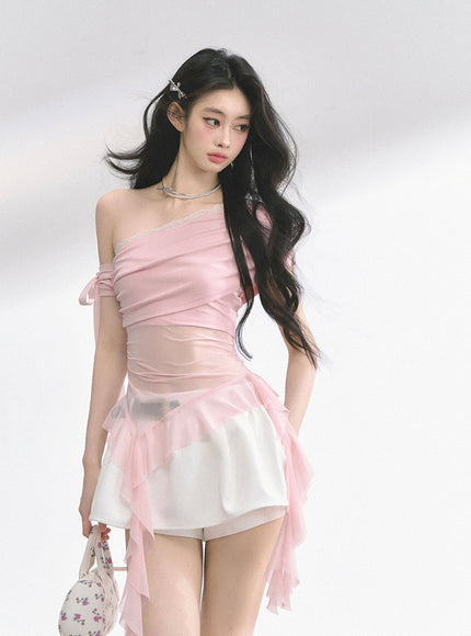 Pink Sheer Layered Off-Shoulde Top