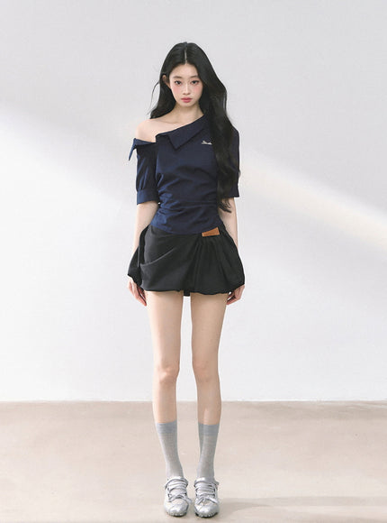Off-Shoulder Shirt Blouse - Navy