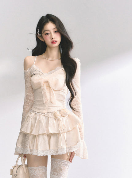 Apricot Tiered Lace Mini Skirt