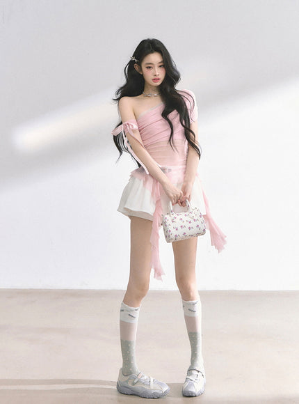Pink Sheer Layered Off-Shoulde Top
