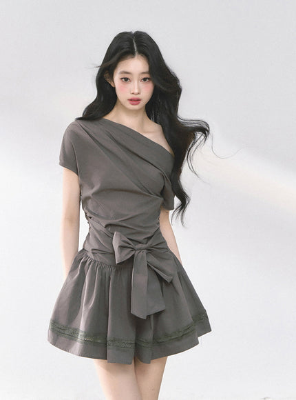 Graceful Ribbon Waist Dress - Gray