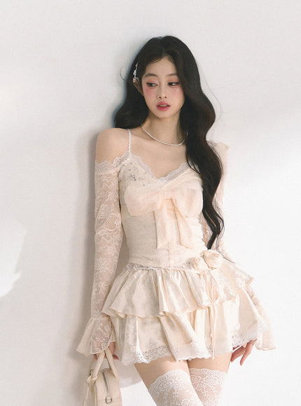 Apricot Tiered Lace Mini Skirt
