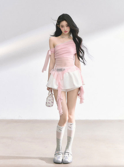 Pink Sheer Layered Off-Shoulde Top